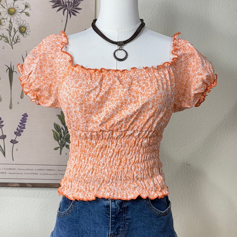 Vintage 90s Y2k Floral Smocked Peasant Top Milkmaid Cottage Prairie Coastal S M